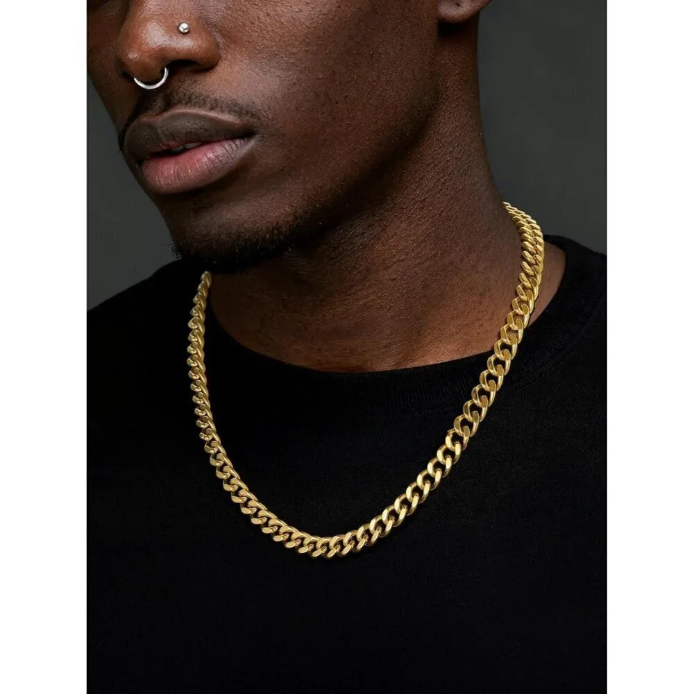 Men's 9MM Width-Gold Stainless Steel Miami Cuban Curb Link Chain Necklace